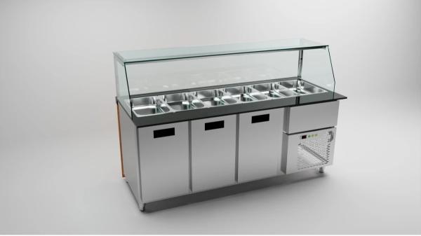 Dönertheke 240 cm - Holzfront / 4 Türen / 7 x GN 1/1 Salattheke